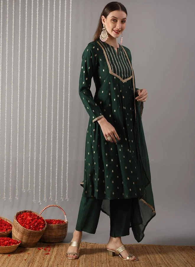globus Women Green Embroidered A-Line Kurta with Pant and Dupatta Set